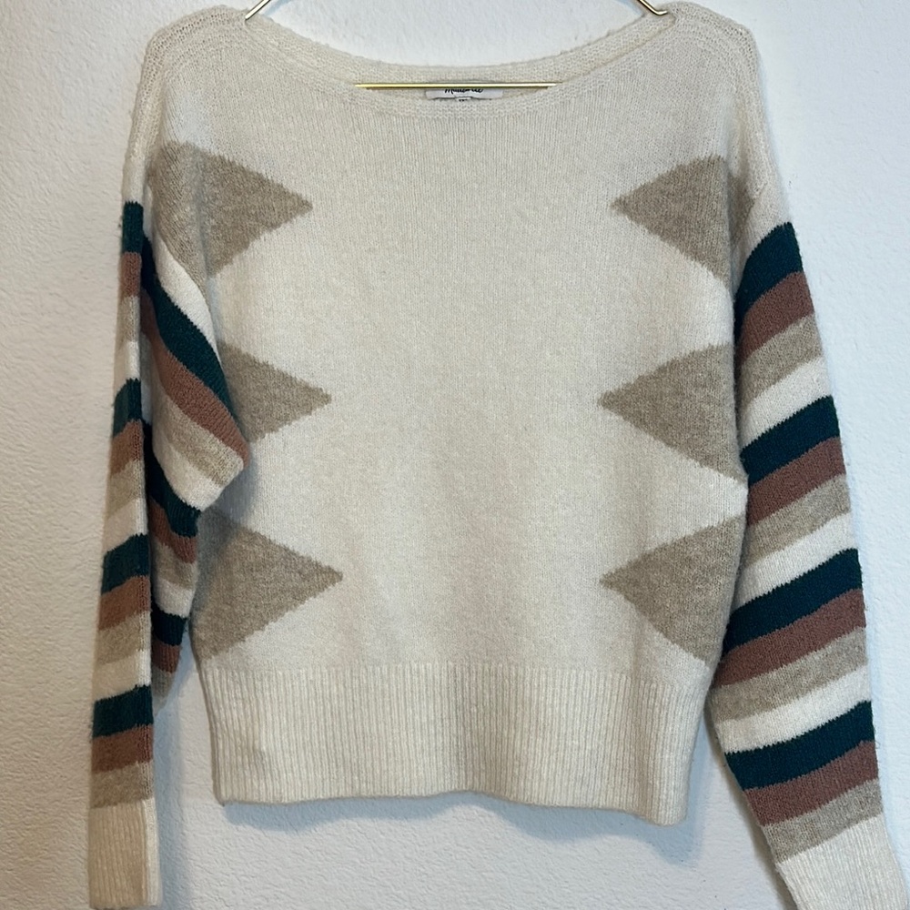 Madewell Stripe Sleeve Geo Pullover Cream Brown Green Boat Neck Sweater Size XXS - Picture 2 of 10